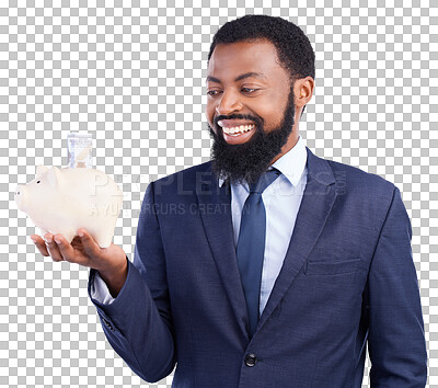 Buy stock photo Black man, piggy bank and smile for business, savings and investment isolated on a transparent png background. African professional, happy and money box, dollar or budget, cash and financial freedom.