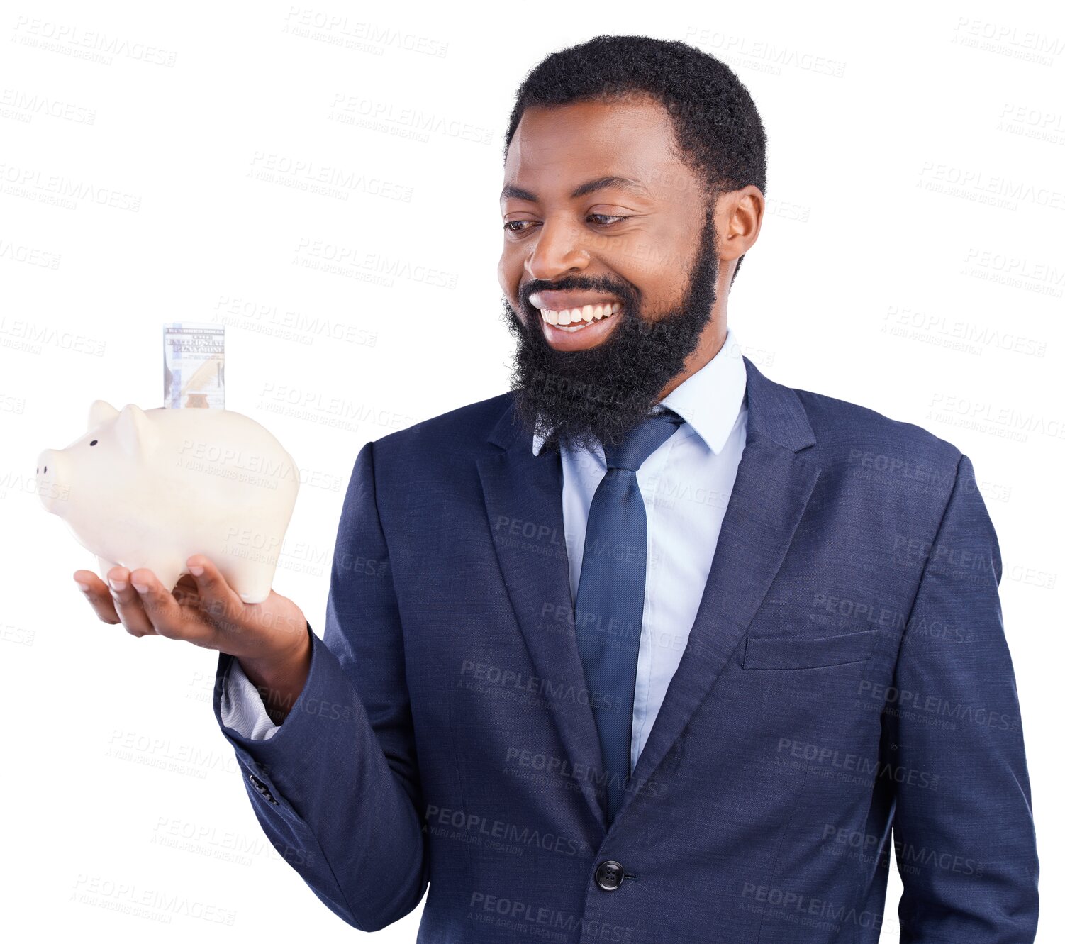 Buy stock photo Black man, piggy bank and smile for business, savings and investment isolated on a transparent png background. African professional, happy and money box, dollar or budget, cash and financial freedom.