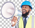 Engineer black man, megaphone and construction in studio portrait for angry shouting by white background. Engineering, architect or manager with loudspeaker in workplace with anger on frustrated face