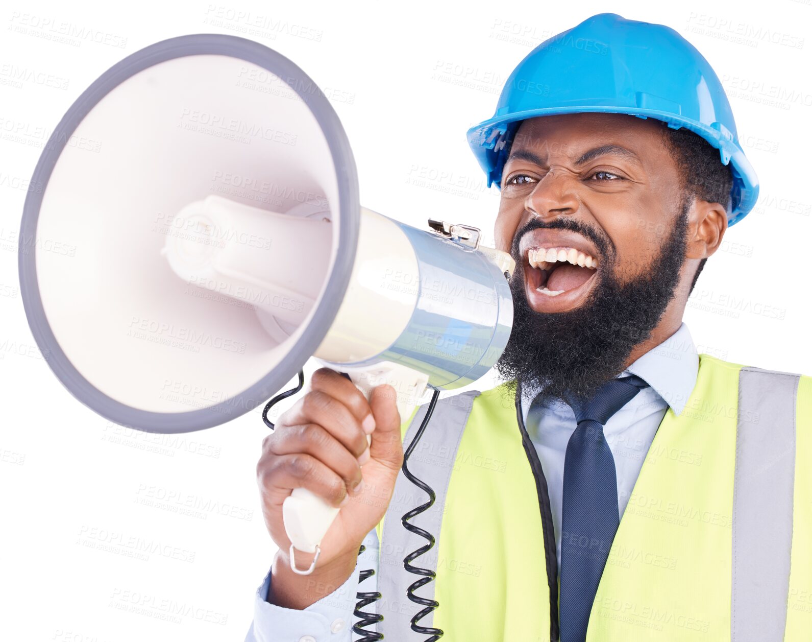Buy stock photo Megaphone, shouting and construction or engineer black man isolated on a transparent, png background. Voice, angry and loudspeaker of a frustrated male technician for human rights in engineering