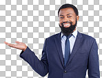 Portrait, black man and product placement for business in studio isolated on a gray background. Marketing, mockup and smile of happy African professional with branding, advertising or mock up space.