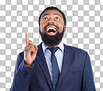 Wow, pointing and promotion with a business black man in studio on a gray background for motivation. Winner, hand gesture and announcement with a corporate male employee celebrating success