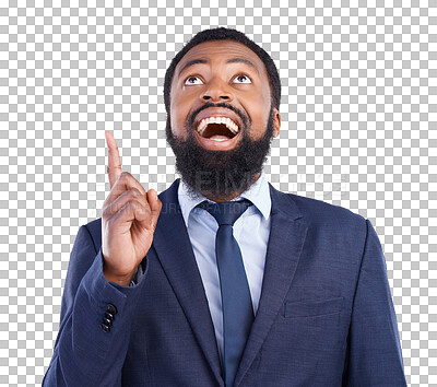 Buy stock photo Surprise, marketing and businessman pointing with wow or omg facial expression for promotion. Shock, excited and young African male person with showing gesture isolated by transparent png background.
