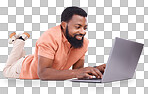 Happy black man, laptop and studio floor to search social media, online shopping or subscription download. Smile, male model and computer technology for internet, typing email or elearning on website