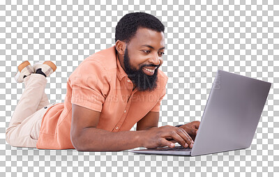 Buy stock photo Happy, black man typing and shopping on laptop in studio for ecommerce, trading on transparent png background. Isolated, person and customer on computer for online transaction, stocks or crypto
