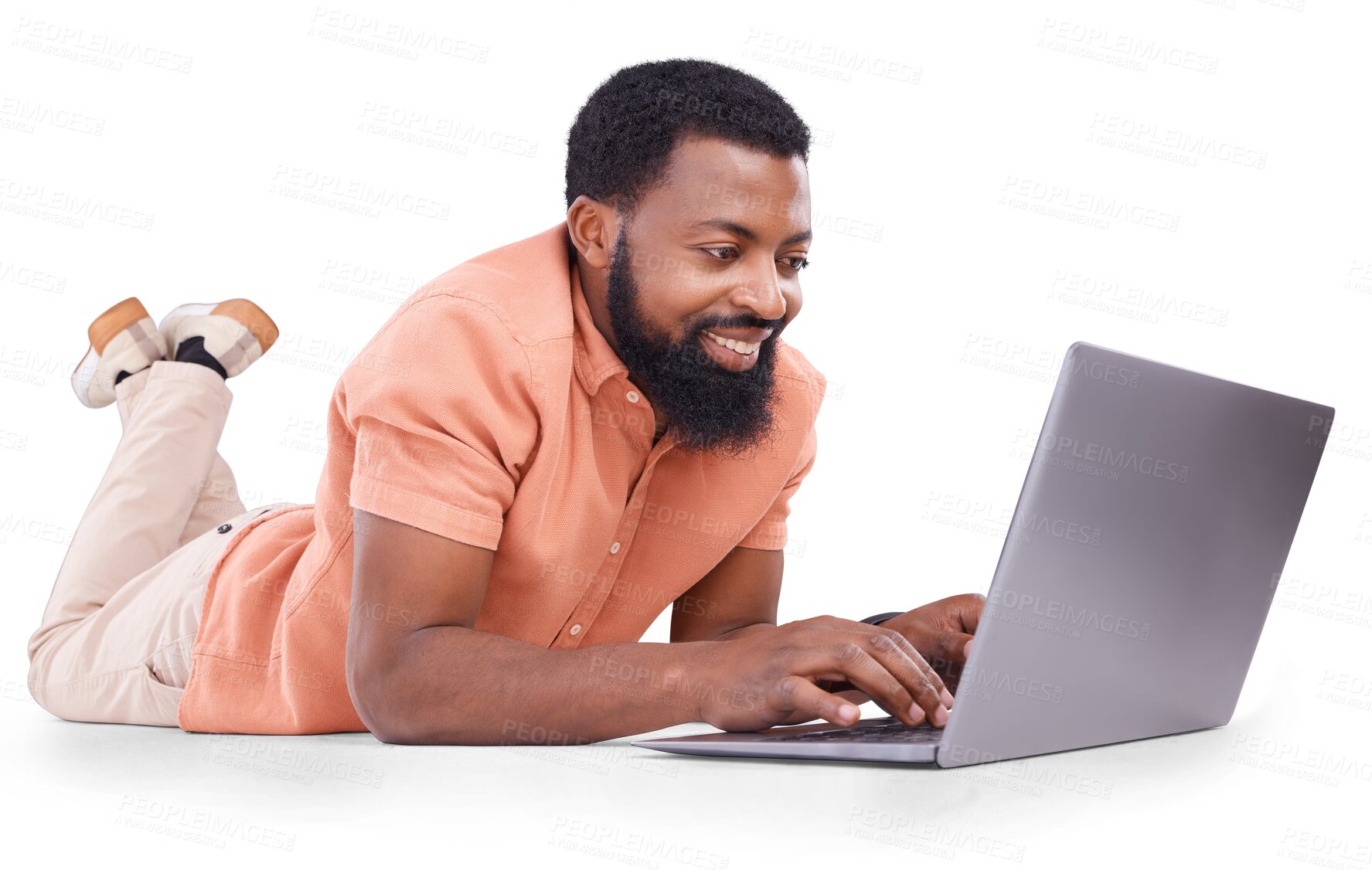 Buy stock photo Happy, black man typing and shopping on laptop in studio for ecommerce, trading on transparent png background. Isolated, person and customer on computer for online transaction, stocks or crypto