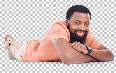 Buy stock photo Happy portrait, black man and lying on a floor isolated on a transparent png background. Smile, relax or young african model from Nigeria looking confident in casual style while resting on the ground