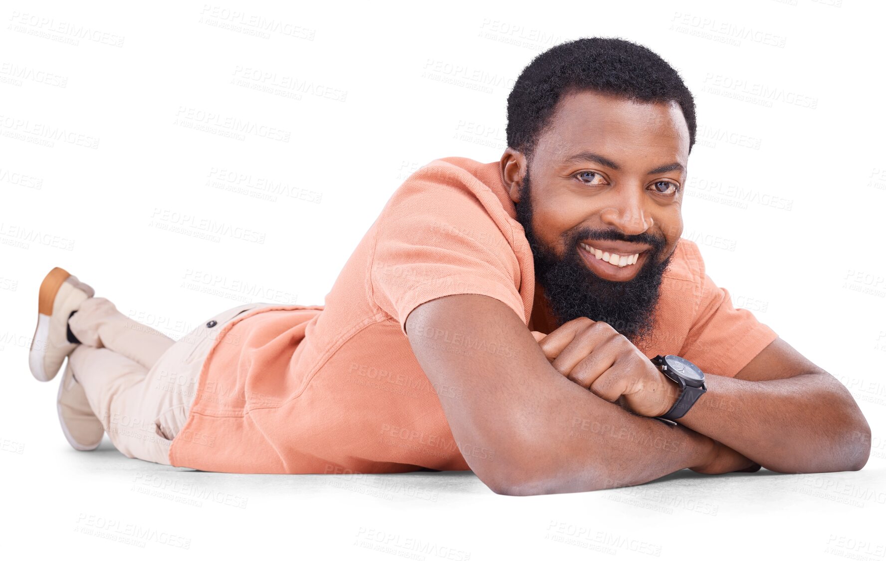 Buy stock photo Happy portrait, black man and lying on a floor isolated on a transparent png background. Smile, relax or young african model from Nigeria looking confident in casual style while resting on the ground