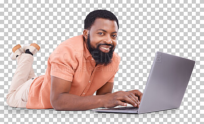 Buy stock photo Portrait of black man, typing and happy on laptop in studio for streaming, movies or search on the internet on png background. Transparent, isolated person and computer for movie, show or tv online