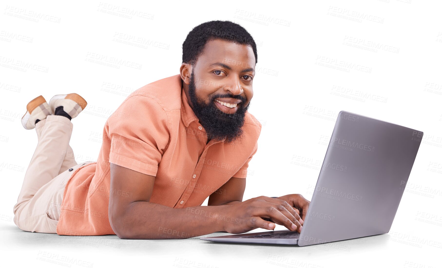 Buy stock photo Portrait of black man, typing and happy on laptop in studio for streaming, movies or search on the internet on png background. Transparent, isolated person and computer for movie, show or tv online