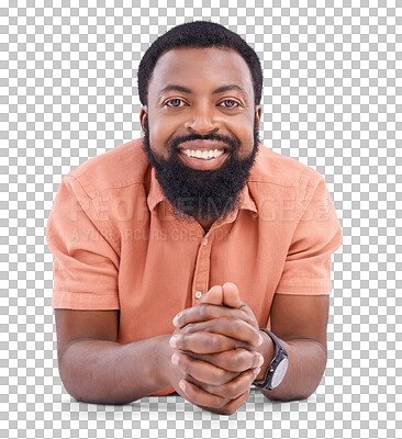 Buy stock photo Portrait, confident and happy business man in meeting pov for advice, consulting and creative opportunity. Alone and happy african person in discussion isolated on a transparent, png background