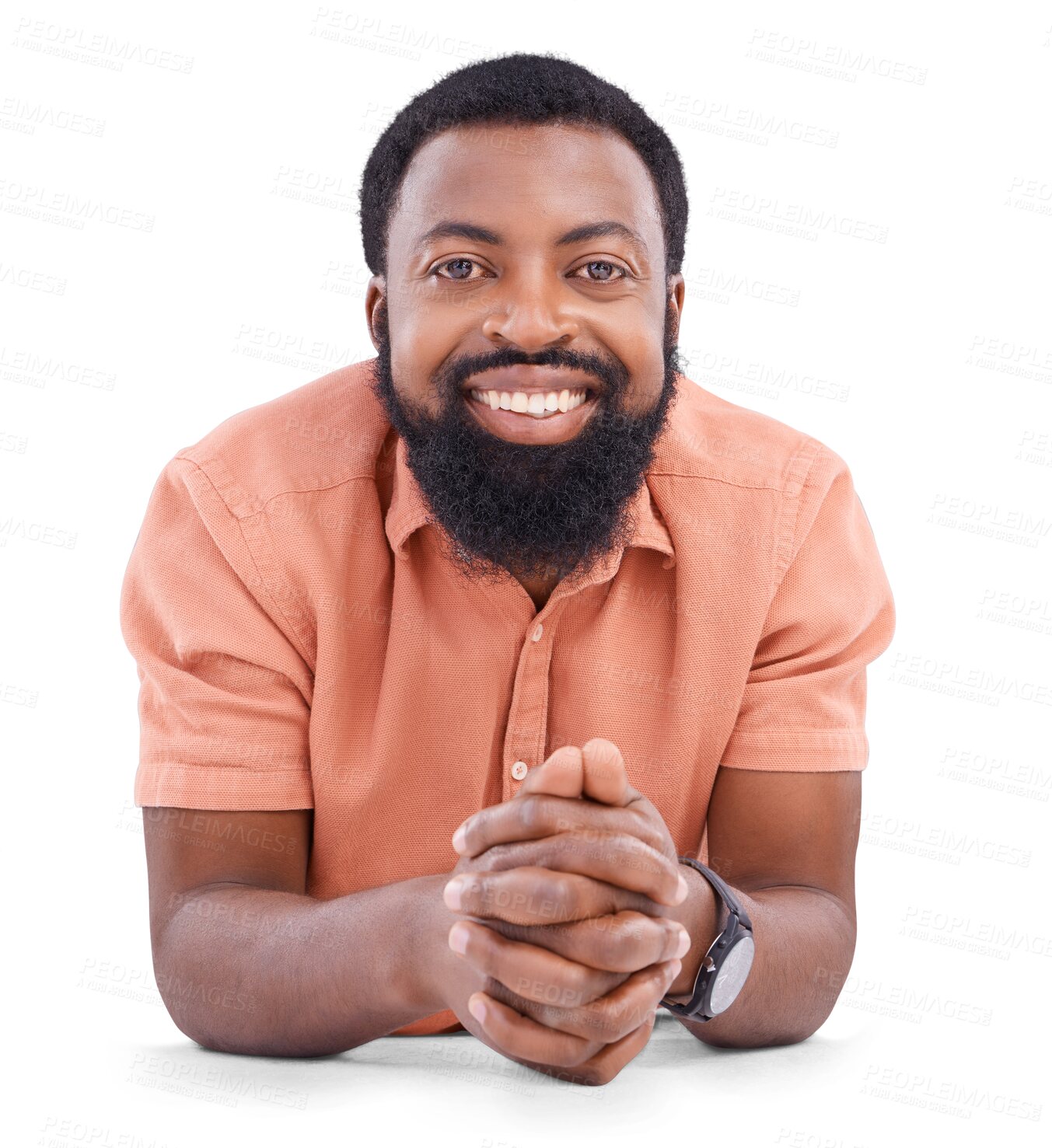 Buy stock photo Portrait, confident and happy business man in meeting pov for advice, consulting and creative opportunity. Alone and happy african person in discussion isolated on a transparent, png background