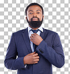 Portrait, business and black man fixing tie in studio isolated on a gray background. Ceo, entrepreneur and confident, proud or serious male professional from South Africa with pride for career or job