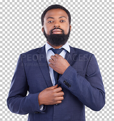 Buy stock photo Portrait, formal and businessman fixing tie before corporate company management meeting.  Ceo, entrepreneur and serious professional male person with confidence isolated by transparent png background