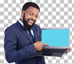 Laptop, green screen and black man isolated on gray background portrait for business software mockup or product placement. Wow, excited or happy digital person with computer website mock up in studio