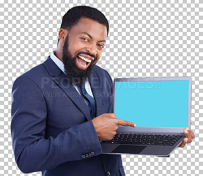 Buy stock photo Laptop screen, wow and business man presentation, stock market success and news or announcement mockup. Excited portrait of african person or trader on computer isolated on transparent png background