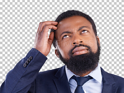 Buy stock photo Remember, thinking and confused businessman with ideas, doubt and mindset for problem solving on transparent png background. Isolated black man, think of a memory or solution to business question