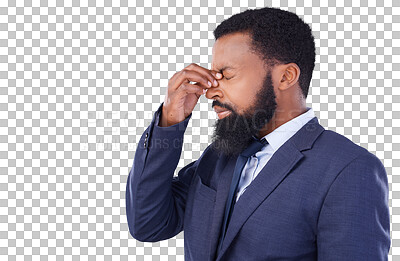Buy stock photo Business, headache and black man with stress, anxiety and debt isolated on a transparent background. Male person, entrepreneur and ceo with a migraine, health issue or bankruptcy with png or burnout