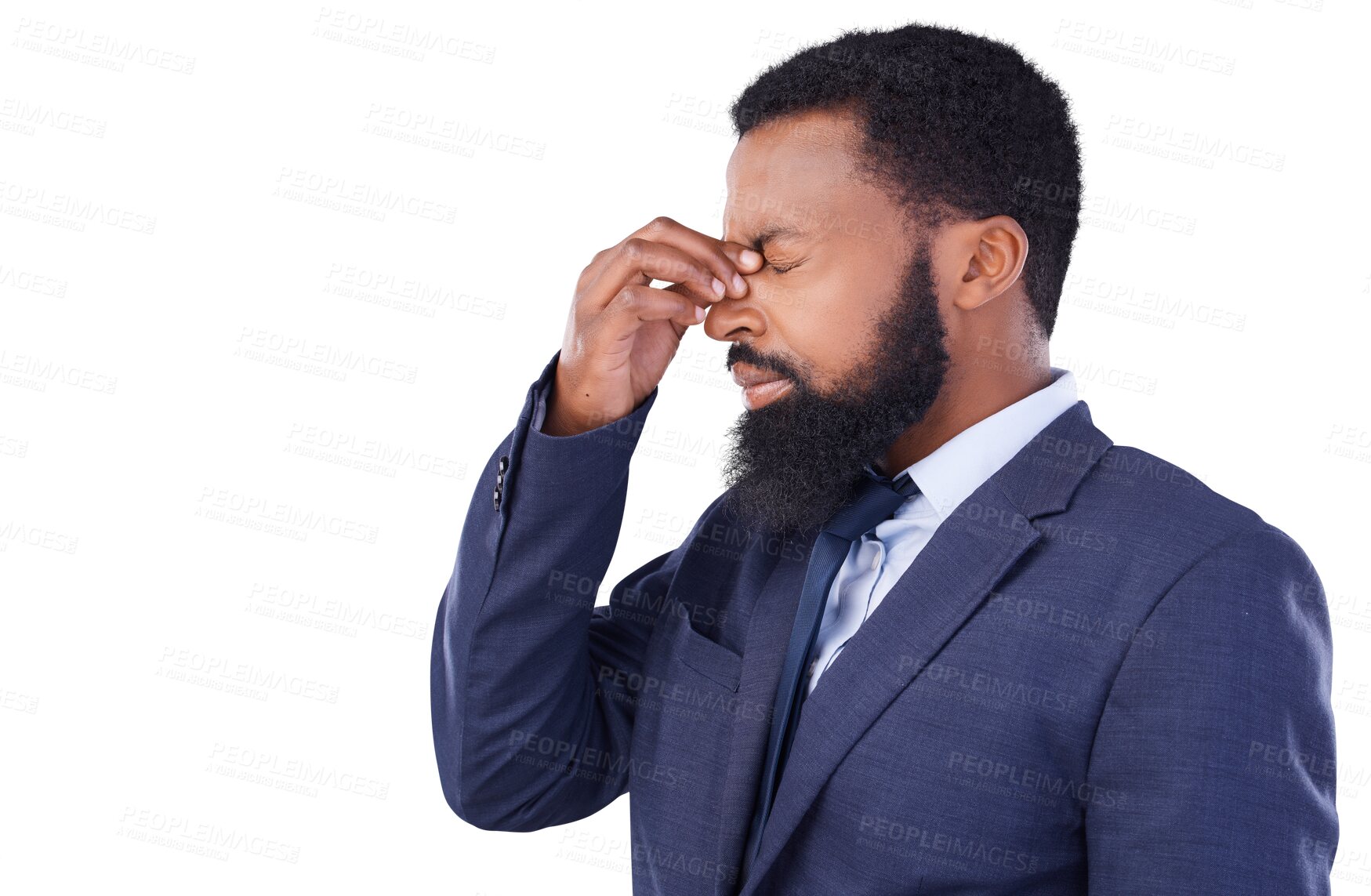 Buy stock photo Business, headache and black man with stress, anxiety and debt isolated on a transparent background. Male person, entrepreneur and ceo with a migraine, health issue or bankruptcy with png or burnout