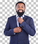 Portrait, business and happy man fixing tie in studio of professional manager, leadership smile and gentleman. Corporate black male adjusting suit of CEO, confidence and happiness on white background