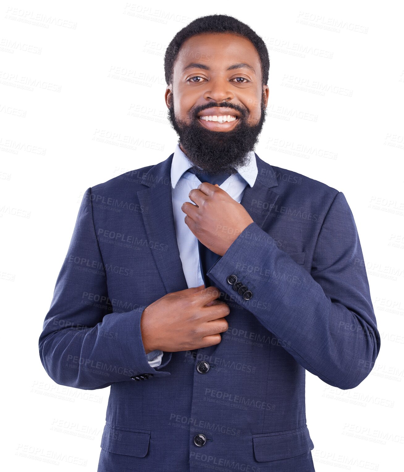 Buy stock photo Portrait, happy and businessman fixing tie before corporate company management meeting.  Pride, smile and professional male person with confidence and ambition isolated by transparent png background.