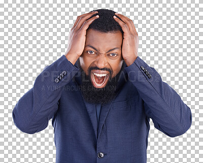 Buy stock photo Stress, angry black man and frustrated with scream, chaos and business crisis on transparent png background. Bad news, professional problem and crazy male person, aggressive yelling and hands on head