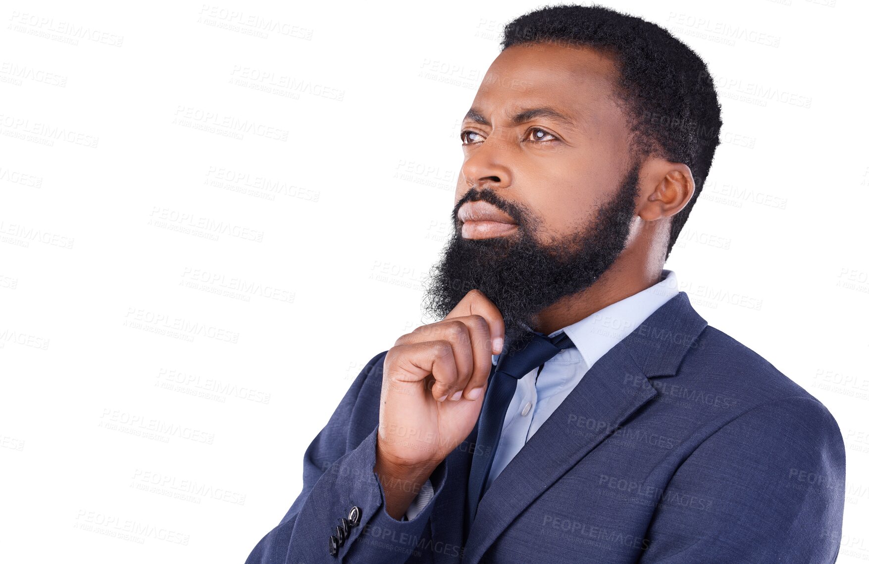 Buy stock photo Businessman, problem solving and thinking of idea and solution, vision or remember strategy on transparent png background. Isolated,  black man and think of question, dream or mind with doubt