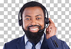 Call center, microphone and portrait of man, studio and consulting questions for customer service. Happy black male, telemarketing consultant and contact us for telecom sales, smile and crm advisory 