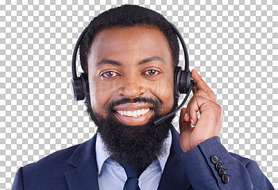 Buy stock photo Isolated black man, call center and portrait with smile, listening or headphones by transparent png background. African consultant, microphone and customer service with voip tech, crm or happy at job