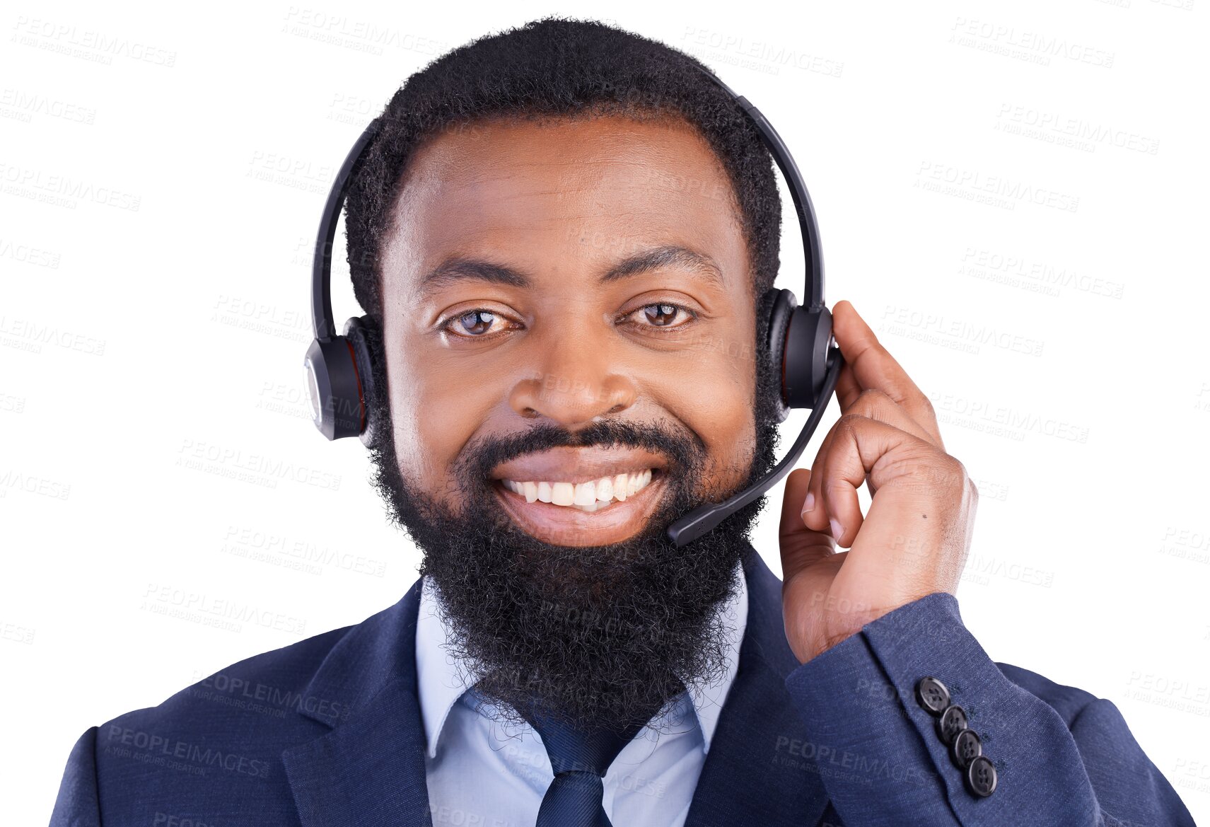 Buy stock photo Isolated black man, call center and portrait with smile, listening or headphones by transparent png background. African consultant, microphone and customer service with voip tech, crm or happy at job