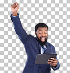 Winner black man on tablet isolated on gray background for stock market, trading and business bonus, fist pump and success. Yes, wow and power of person with winning news or digital profit in studio