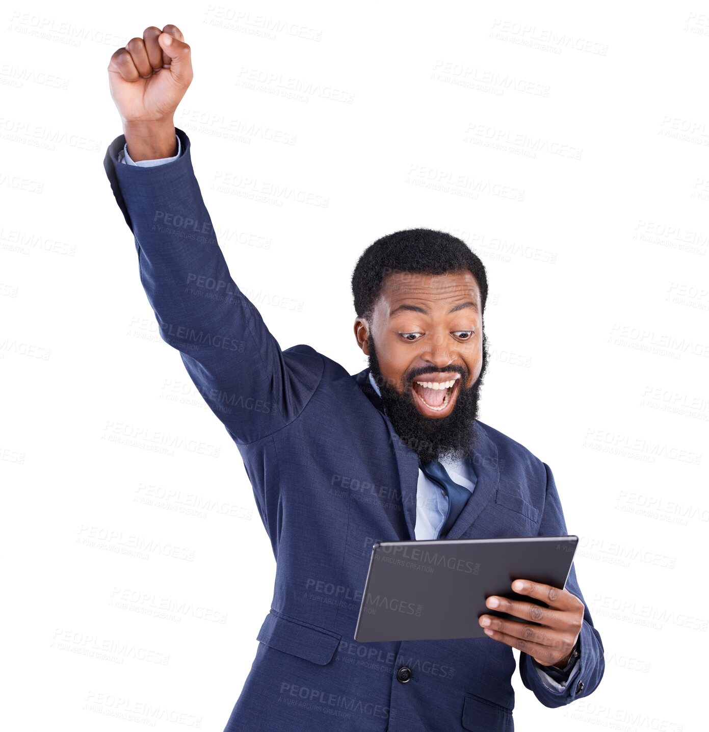 Buy stock photo Tablet, winner success and business man for stock market, profit and trading target, bonus and yes. Trader wow, winning and african person with digital tech isolated on a transparent, png background