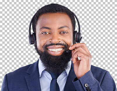 Buy stock photo Portrait, call center and black man with a smile, telemarketing and customer service agent isolated on a transparent background. Face, male person and consultant with happiness, contact us and png