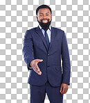 Handshake, offer and portrait of black man in white background for networking, thank you and HR deal. Happy corporate male stretching for shaking hands, recruitment and welcome to partnership trust