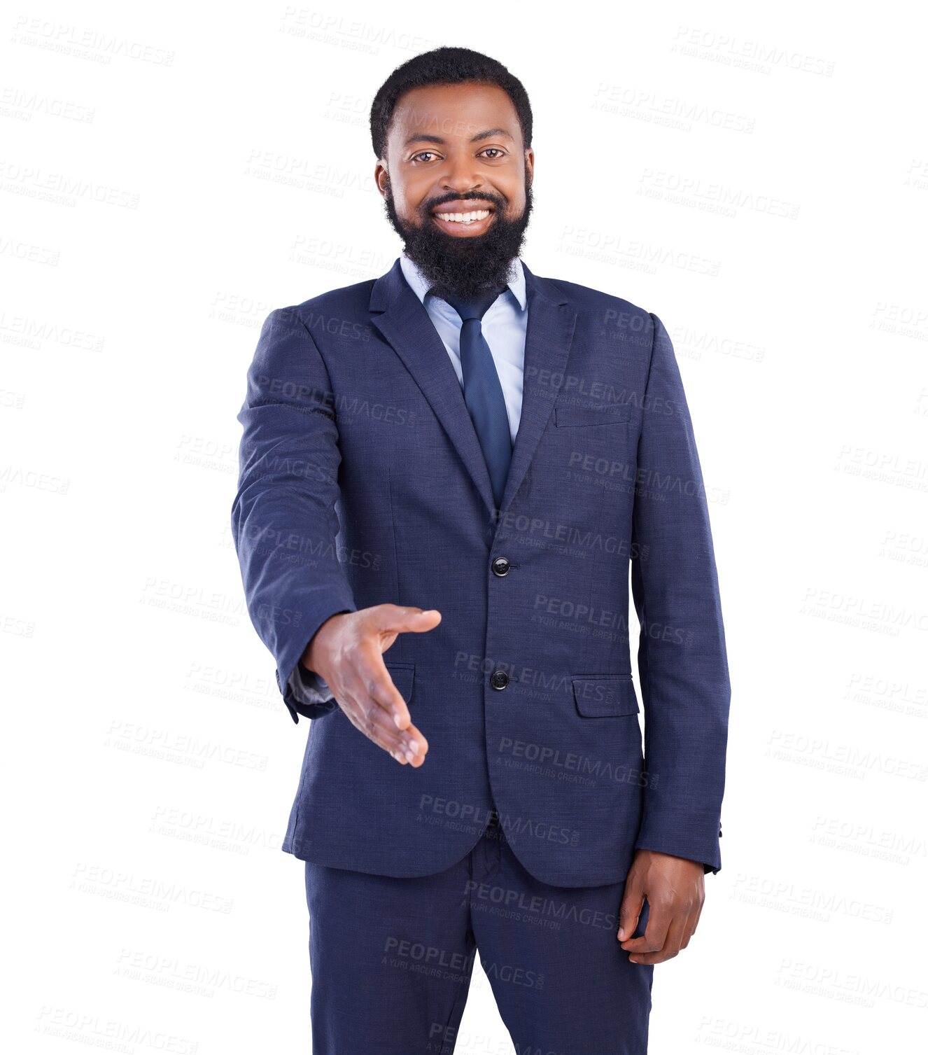 Buy stock photo Handshake, offer and portrait of black man for introduction, thank you and financial deal, success or partnership. Person or accountant shaking hands in meeting isolated on transparent png background
