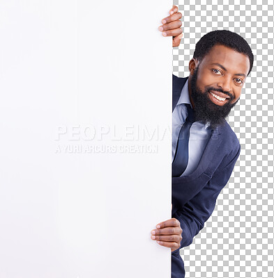 Buy stock photo Portrait, smile and black man with banner to peek for business isolated on a transparent png background. Face, mockup space or professional with billboard for advertising, branding or marketing promo