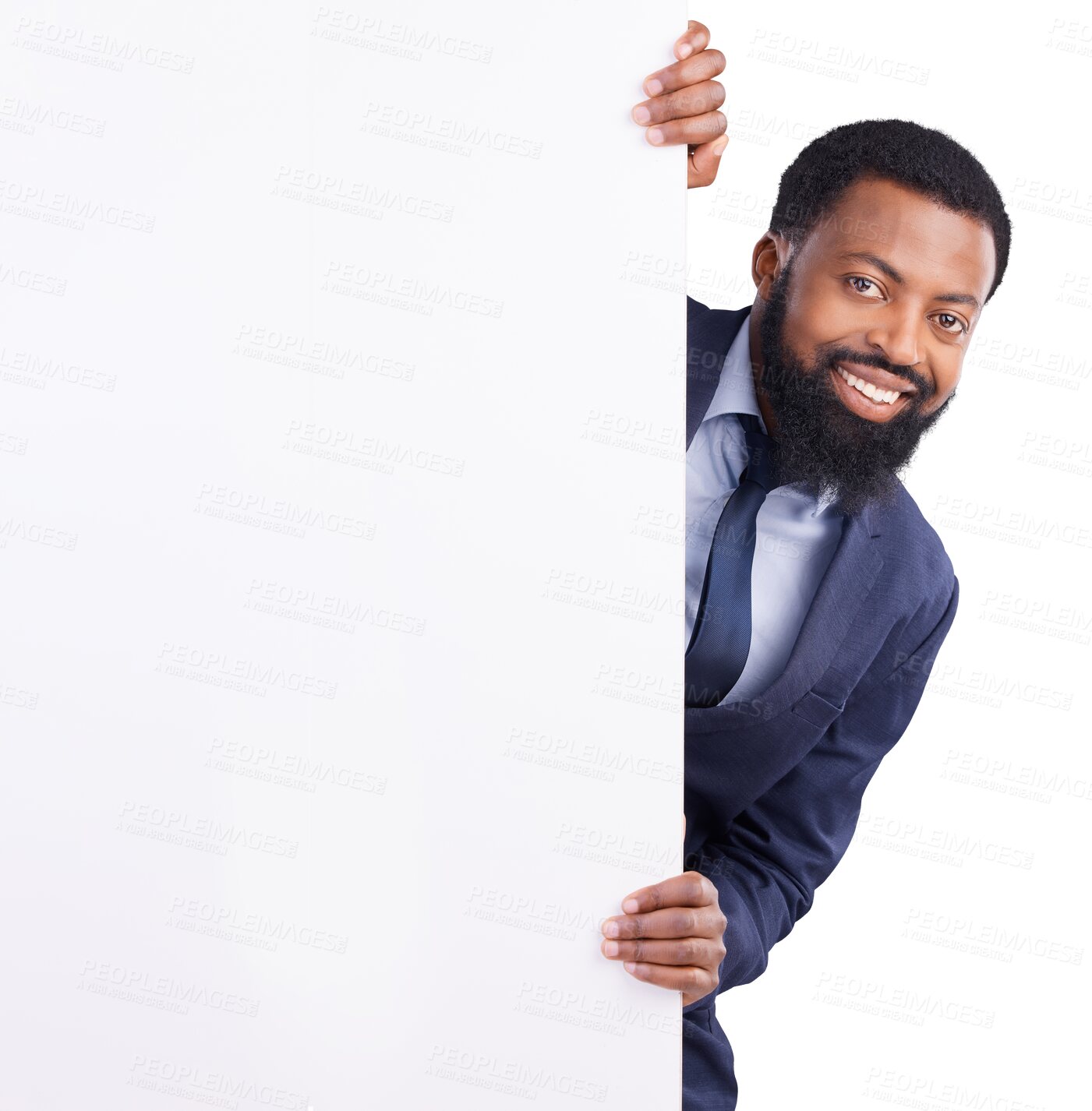 Buy stock photo Portrait, smile and black man with banner to peek for business isolated on a transparent png background. Face, mockup space or professional with billboard for advertising, branding or marketing promo