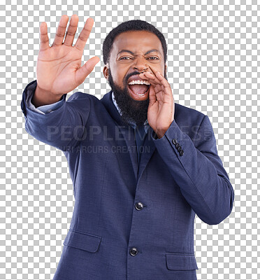 Buy stock photo Stop, warning and portrait of black man shouting, danger and caution isolated on png transparent background. Screaming, hand gesture and African businessman yelling, block with alarm and censored