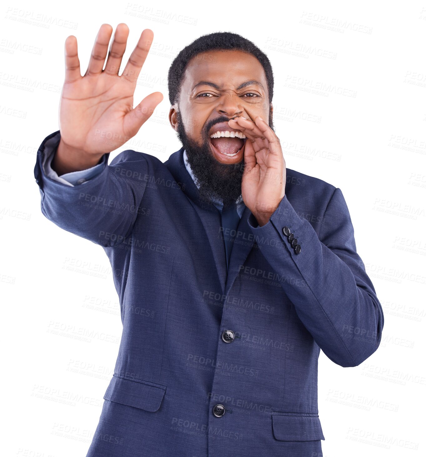 Buy stock photo Stop, warning and portrait of black man shouting, danger and caution isolated on png transparent background. Screaming, hand gesture and African businessman yelling, block with alarm and censored