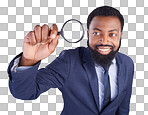 Corporate black man, magnifying glass and studio with smile for quality inspection, compliance and fair trade. Businessman, inspector and audit at company with attention for financial health at job