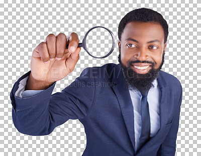 Buy stock photo Corporate, business and black man with magnifying glass in hand for inspection. Businessman, inspector and audit with attention, search and investigation isolated on a transparent, png background