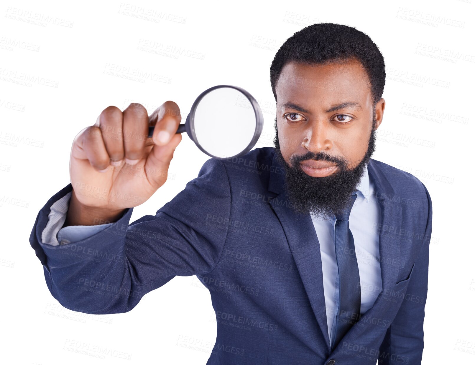 Buy stock photo Business, corporate and black man with magnifying glass in hand for inspection. Serious person, inspector and audit with attention, search and investigation isolated on a transparent, png background