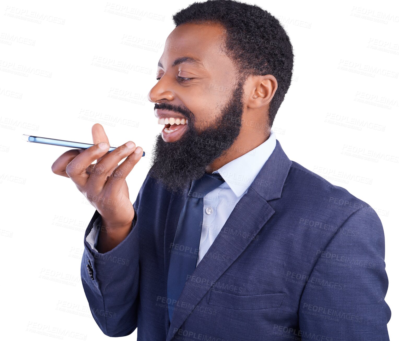 Buy stock photo Black businessman, talking and speaker of cellphone for work in png or isolated background with lawyer. Memo, business and man on call for job with happiness for chat or audio with tech for speech.