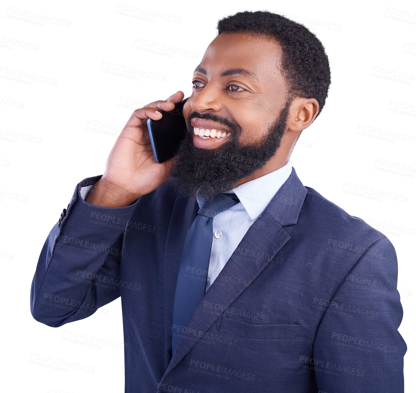 Buy stock photo Smile, black man and talking on cellphone for business in png or isolated background as finance manager. Male professional, tech and on call with good news for company with communication at work.