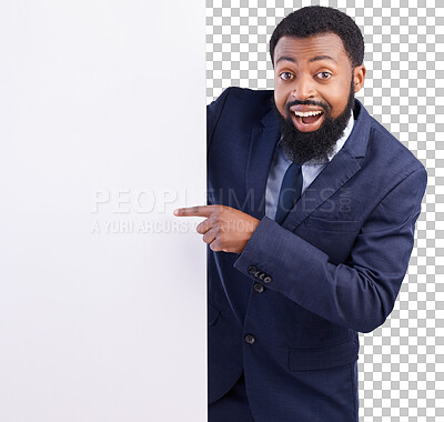 Buy stock photo Portrait, excited and black man with poster, pointing and isolated on a transparent png background. Face, mockup space and professional with board for advertising, branding or business announcement.
