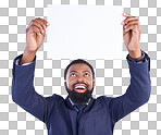 Business, excited man and poster in white background, studio or mockup space. Happy corporate, black male and holding board, marketing wow news and advertising banner for blank mock up, paper or sign