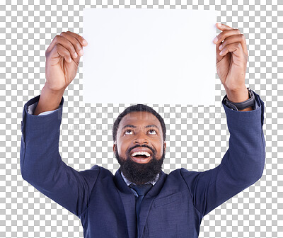 Buy stock photo Poster, mockup and business man with timeline, news or promo on isolated, transparent or png background. Billboard, space and African male show menu, checklist or menu, announcement or coming soon