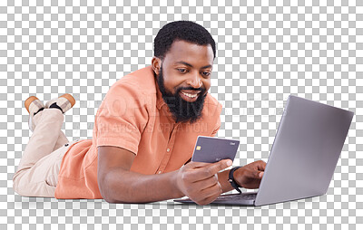 Buy stock photo Black man, credit card and laptop, online shopping and fintech with payment isolated on png transparent background. Smile, e commerce and internet banking, male customer with finance and bills
