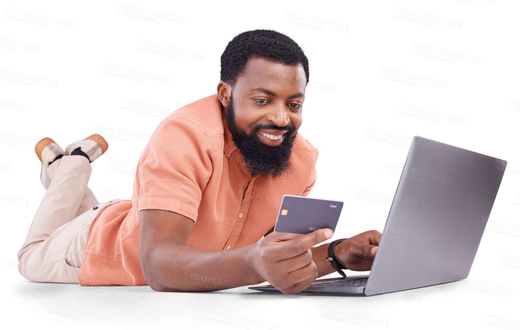 Buy stock photo Black man, credit card and laptop, online shopping and fintech with payment isolated on png transparent background. Smile, e commerce and internet banking, male customer with finance and bills