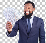 Wow, cash and investment with a business black man in studio on a gray background as a lottery winner. Money, accounting and finance with a male employee holding dollar bills for the economy